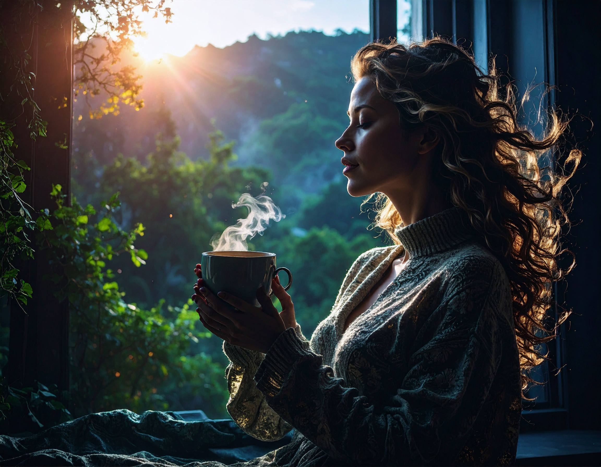 Mulher segurando uma xícara de café, sentada à janela com a luz do sol matinal iluminando seu rosto e cabelos. O vapor sobe da bebida, criando uma atmosfera de calma e contemplação. A paisagem verde ao fundo e a iluminação suave proporcionam um ambiente acolhedor e sereno.